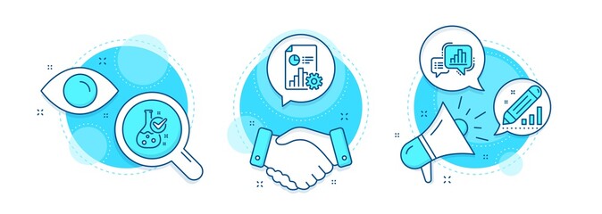 Report, Edit statistics and Chemistry lab line icons set. Handshake deal, research and promotion complex icons. Graph chart sign. Presentation document, Seo manage, Laboratory flask. Vector