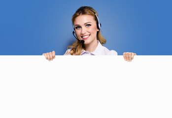 Call Center Service. Customer support or sales agent. Businesswoman or caller or receptionist phone operator showing banner with copy space. Helping, answering, consulting. Blue color background.