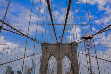 Detailed, closeup perspective of Brooklyn Bridge in New York state
