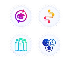 Timeline, Continuing education and Water bottles icons simple set. Button with halftone dots. Like sign. Journey path, Online education, Aqua drinks. Social media likes. Business set. Vector