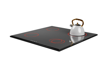 Kettle on an induction hob. induction cooker and kettle isolated on white background. 3d render