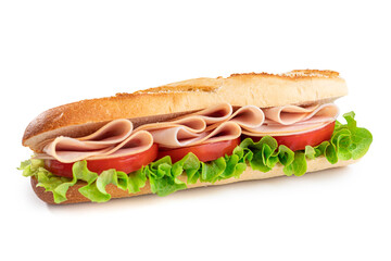 A turkey sandwich with tomato and lettuce. Isolated on white background