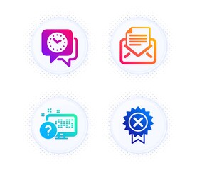 Online quiz, Clock and Mail correspondence icons simple set. Button with halftone dots. Reject medal sign. Web support, Time, E-mail newsletter. Award rejection. Technology set. Vector