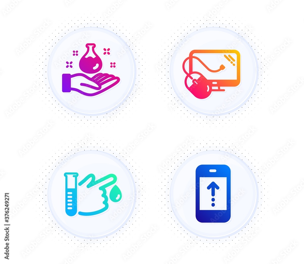 Poster computer mouse, chemistry lab and blood donation icons simple set. button with halftone dots. swipe 