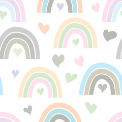 Boho seanless pattern of rainbow with heart isolated on white. Doodle vector stock illustration. EPS 10