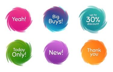 Swirl motion circles. New, 30% discount and today only. Thank you phrase. Sale shopping text. Twisting bubbles with phrases. Spiral texting boxes. Big buys slogan. Vector