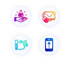 Computer mouse, Chemistry lab and Blood donation icons simple set. Button with halftone dots. Swipe up sign. Pc component, Laboratory, Medicine analyze. Scrolling screen. Science set. Vector