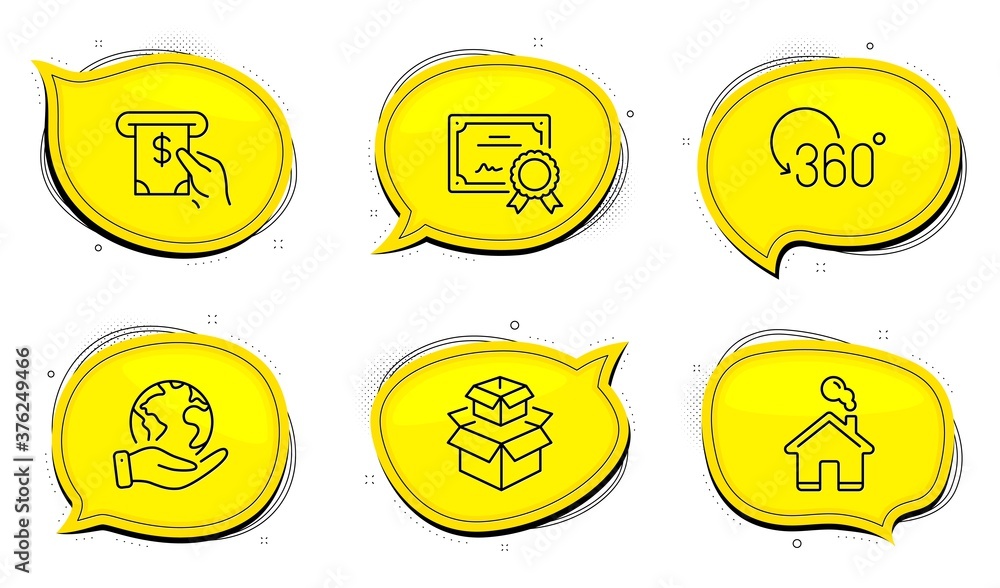 Poster full rotation sign. diploma certificate, save planet chat bubbles. home, packing boxes and atm servi