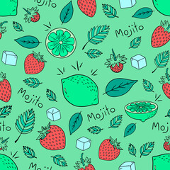 Seamless hand-drawn vector pattern of mojito for wallpapers kitchen cafe or restaurant. Black and white colors