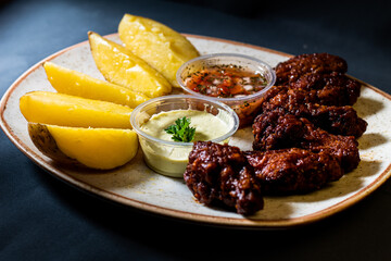 boiled potatoes with wings and sauce