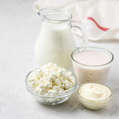 Dairy products, milk, yogurt, cottage cheese, cheese sauce. Copy space.