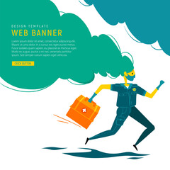 Medical Banner. Emergency doctor in medical mask and gloves with medical box run to rescue. Doctor runs to save people. Paramedic does her job. Flat design