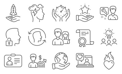 Set of People icons, such as Face id, Timer. Diploma, ideas, save planet. Business growth, Id card, Loyalty program. Friends chat, Teamwork, Mindfulness stress. Vector