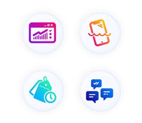 Web traffic, Time management and Smartphone waterproof icons simple set. Button with halftone dots. Chat messages sign. Website window, Clock tags, Phone. Communication. Technology set. Vector