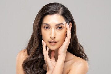 Fototapeta premium Beautiful Glamour woman touching cheek smile with clean and fresh skin Happiness and cheerful with positive emotional,isolated on grey background,Beauty Cosmetics and spa Facial treatment Concept