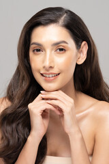 Beautiful Glamour woman Hold hands smile with clean and fresh skin Happiness and cheerful with...