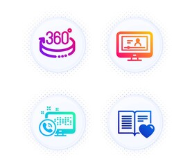 Online video, 360 degrees and Web call icons simple set. Button with halftone dots. Love book sign. Video exam, Full rotation, Phone support. Customer feedback. Technology set. Vector