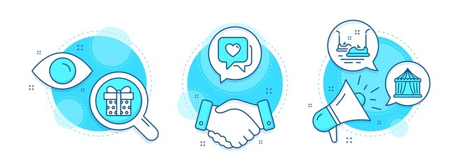 Heart, Circus tent and Gift box line icons set. Handshake deal, research and promotion complex icons. Bumper cars sign. Love chat, Attraction park, Present package. Carousels. Holidays set. Vector