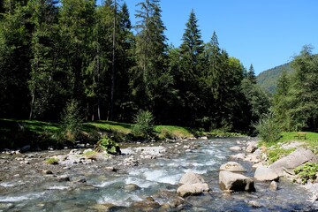 Fototapeta na wymiar Rivière La Dranse à Morzine en Haute-Savoie dans les Alpes Françaises