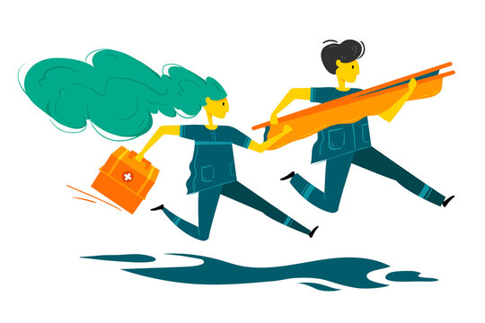 Two paramedics rush to rescue. Doctor in uniform with medical box and doctor with medical stretcher runs to rescue. Paramedics do their job. flat design