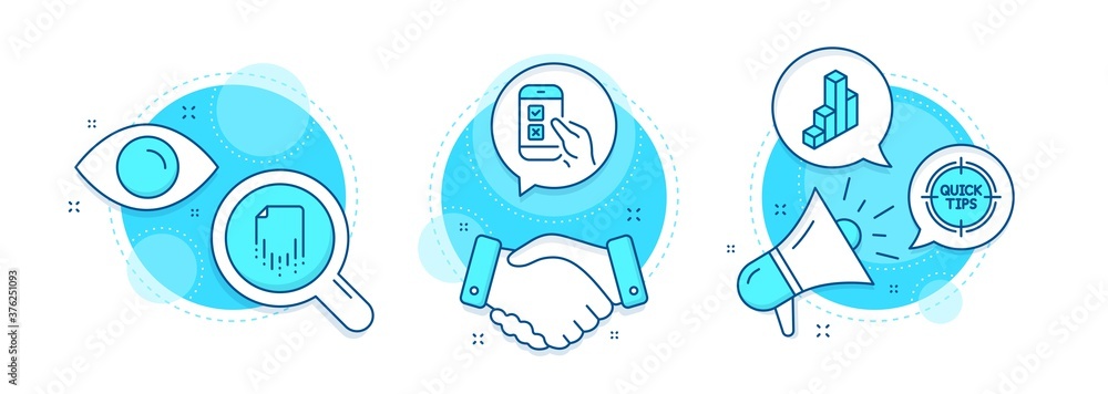 Poster mobile survey, tips and recovery file line icons set. handshake deal, research and promotion complex