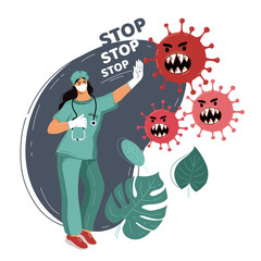 Doctor stops pandemic. Medicine stops epidemic. Concept medicine protects people from flu. Natural immunity. Natural defense. Virus control
