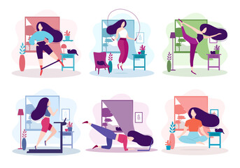 Set of sports activity at home. Fitness and healthy lifestyle. Pretty girl doing meditation in the room, leg swing exercise with elastic band, running on the treadmill. Isolated vector illustration