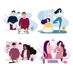 Set of diversity couples, daily life. Happy family is cooking in the kitchen. Two guys wash dishes in the kitchen. Women brush their teeth in the bathroom. Friends are doing yoga at home