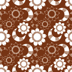 seamless pattern in light pastel colors, sun and moon with ornament, background for wallpaper and fabric, scrapbooking paper