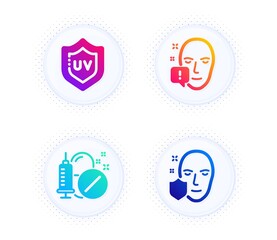 Uv protection, Face attention and Medical drugs icons simple set. Button with halftone dots. Face protection sign. Skin cream, Exclamation mark, Medicine pills. Secure access. Healthcare set. Vector