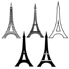 vector illustration in black, set of eiffel tower, line drawing and silhouette, isolate on white background, template