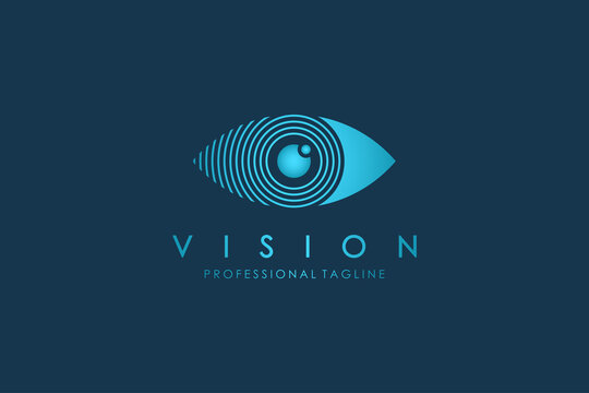 Abstract Eye Vision Logo. Blue Linear Geometric with Arrow Shape isolated on Blue Background. Usable for Business and Technology Logos. Flat Vector Logo Design Template Element