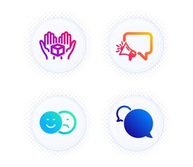 Hold box, Megaphone and Like icons simple set. Button with halftone dots. Messenger sign. Delivery parcel, Brand message, Social media dislike. Speech bubble. Technology set. Vector