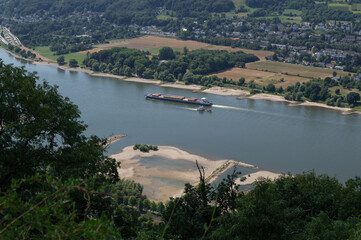 Rhine Valley and River with Barge as Seen from Drachenfels near Bonn, Germany