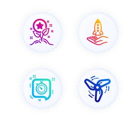 Crowdfunding, Loyalty points and Timer icons simple set. Button with halftone dots. Wind energy sign. Start business, Bonus grows, Time management. Ventilator. Technology set. Vector