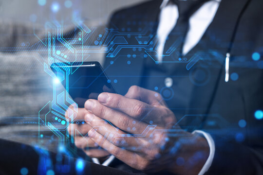 Businessman search for new opportunities, in technology business, typing smart phone background. Binary tech hologram.
