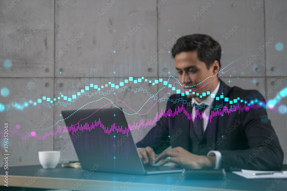 Poster businessman in office working with laptop technology forex online trading graph and chart, typing co