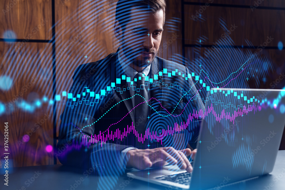 Poster businessman in office working with laptop technology forex online trading graph and chart, typing co