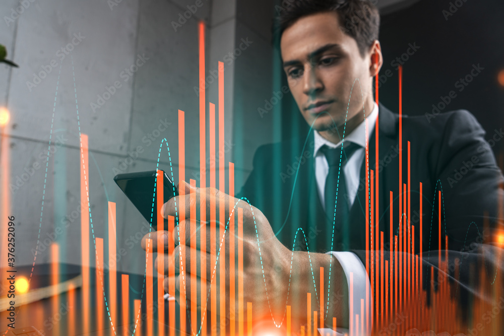 Poster trader in office working with smartphone, forex graph hologram to analyze market behavior, typing ph