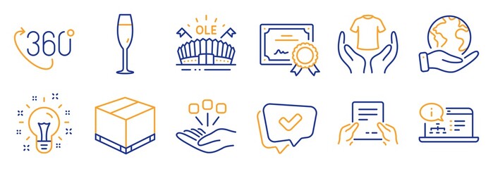Set of Business icons, such as Online documentation, Champagne glass. Certificate, save planet. Hold t-shirt, Delivery box, Idea. Approved, 360 degree, Consolidation. Vector