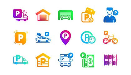 Garage, Valet servant and Paid parking. Parking icons. Car transport park place classic icon set. Gradient patterns. Quality signs set. Vector