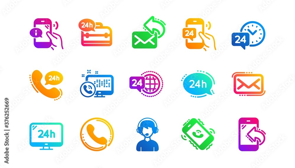 Poster call center, support and chat message. processing icons. 24 hour service classic icon set gradient p