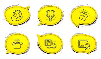 Gift sign. Diploma certificate, save planet chat bubbles. Packing boxes, Air balloon and Truck parking line icons set. Delivery box, Sky travelling, Free park. Marketing box. Vector