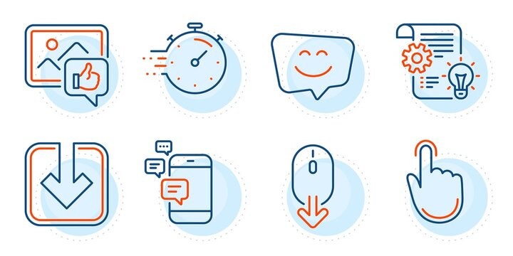 Cogwheel, Smile face and Load document signs. Scroll down, Communication and Timer line icons set. Hand click, Like photo symbols. Mouse swipe, Smartphone messages. Technology set. Vector