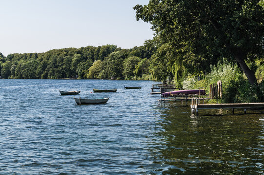 Beautiful view of some boats on the lake of ploen in germany, Beautiful summer day.
