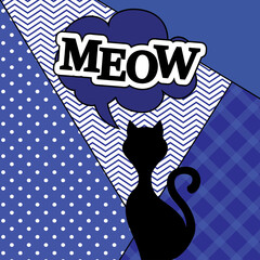 Black cat silhouette in blue and white patterned background