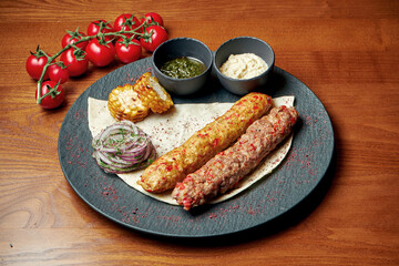 An oriental dish two chicken and lamb kebab from minced meat with lavash and green sauce. Halal food