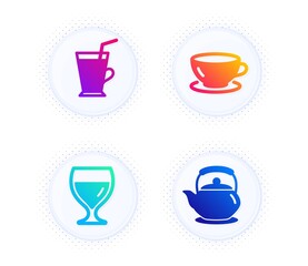 Wine glass, Coffee cup and Espresso icons simple set. Button with halftone dots. Teapot sign. Cabernet wineglass, Latte drink, Coffee cup. Tea kettle. Food and drink set. Vector