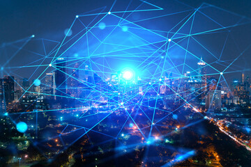 Fototapeta na wymiar Abstract technology icons, night aerial panoramic cityscape of Bangkok, Asia. The concept of innovative approach to optimize international business process. Double exposure.