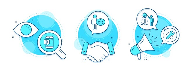 Weather phone, Recovery tool and Like line icons set. Handshake deal, research and promotion complex icons. Creative idea sign. Travel device, Backup info, Thumbs up. Startup. Business set. Vector